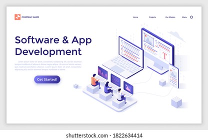 Landing page template with group of programmers coding on laptops, computer and smartphone. Concept of cross-platform software development, apps for different devices. Isometric vector illustration.