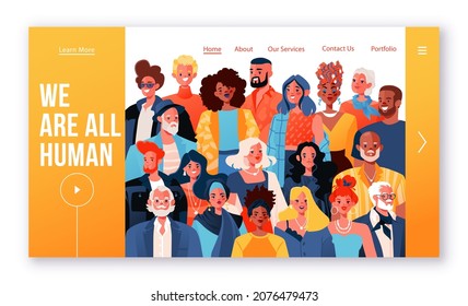 Landing page template with group of smiling men and women, different nationalities and ages. Portrait of different stylish people standing together. Concept of equality between people web site design.