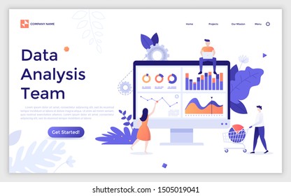 Landing page template with group of statistical analysts working together under project and computer screen with diagrams and graphs. Data analysis team, business analytics. Flat vector illustration.