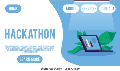 Landing page template with hackathon concept. Using laptop for problems solution, collaboration, exchange of information and working files by internet. Vector illustration.