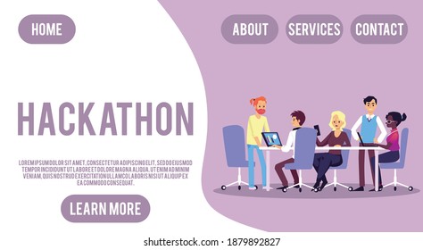 Landing page template with hackathon concept. Team of specialists from all over world working together sharing of working files and business materials. Vector flat illustration.