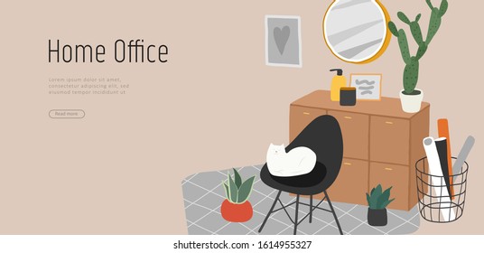 Landing page template with hand drawing Scandinavian style cozy home office with homeplants. Scandinavian or Nordic style interior. Cartoon vector illustration