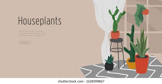 Landing page template with hand drawing Scandinavian style cozy home office with homeplants. Scandinavian or Nordic style interior. Cartoon vector illustration