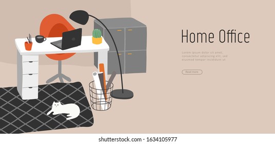 Landing page template with hand drawing Scandinavian style cozy home office with homeplants. Scandinavian or Nordic style interior. Cartoon vector illustration