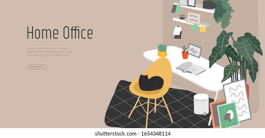 Landing page template with hand drawing Scandinavian style cozy home office with homeplants. Scandinavian or Nordic style interior. Cartoon vector illustration