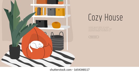 Landing page template with hand drawing Scandinavian style cozy living room with homeplants. Scandinavian or Nordic style interior. Cartoon vector illustration