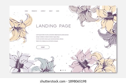 Landing page template with hand drawn colorful lilies on white background. Floral design vector illustration concept for website development