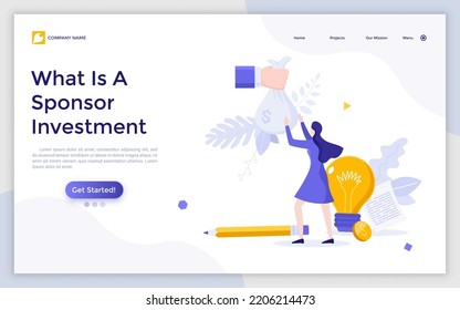 Landing page template with hand giving money bag to woman. Concept of sponsor investment, sponsorship, financial aid or support, donation, venture capital. Modern flat vector illustration for website.