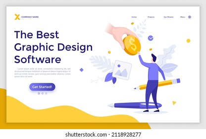 Landing page template with hand holding dollar coin, person touching it and artist drawing tools. Concept of graphic design software, digital art. Modern flat colorful vector illustration for website.