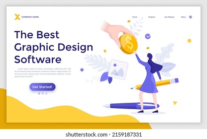 Plantilla de página de aterrizaje con moneda de dólar a mano, mujer tocando y herramientas de dibujo de artista. Concepto de software de diseño gráfico, arte digital. Ilustración vectorial moderna de color plano para sitio web.