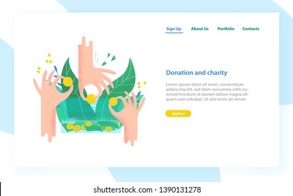 Landing page template with hands holding coins and bills and putting them into money box. Charity project, donation service, fundraising program. Modern colorful vector illustration for advertisement.