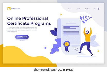 Landing page template with happy bearded man and document with wafer seal and ribbon. Concept of online professional certificate program, graduate diploma. Modern flat vector illustration for website.