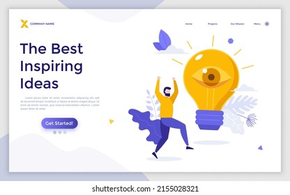 Landing page template with happy bearded man and light bulb with eye inside. Concept of inspiring idea, insight, creative vision, inspiration, creativity. Modern flat vector illustration for website