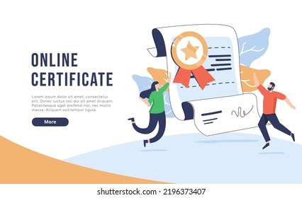 Landing page template with happy bearded woman and document with wafer seal and ribbon. Concept of online professional certificate program, graduate diploma.Modern flat vector illustration for website