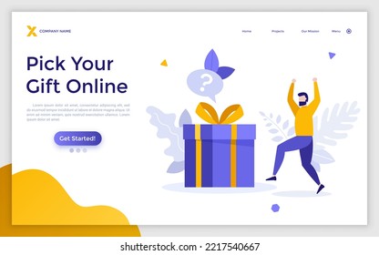 Landing page template with happy bearded man and gift box. Concept of online present, internet shop or store holiday surprise, festive bonus or offer. Modern flat vector illustration for website.