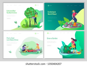 landing page template with happy Harvesting tips and gardening people doing farming job, grow garden, watering, planting, growing and transplant sprouts, lay vegetables. Cartoon character illustration