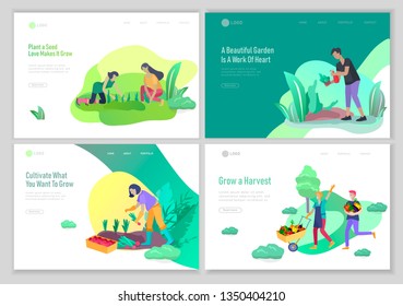 landing page template with happy Harvesting tips and gardening people doing farming job, grow garden, watering, planting, growing and transplant sprouts, lay vegetables. Cartoon character illustration