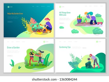 landing page template with happy Harvesting tips and gardening people doing farming job, grow garden, watering, planting, growing and transplant sprouts, lay vegetables. Cartoon character illustration