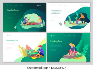 landing page template with happy Harvesting tips and gardening people doing farming job, grow garden, watering, planting, growing and transplant sprouts, lay vegetables. Cartoon character illustration