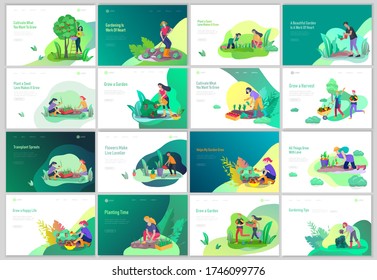 landing page template with happy Harvesting tips and gardening people doing farming job, grow garden, watering, planting, growing and transplant sprouts, lay vegetables. Cartoon character illustration