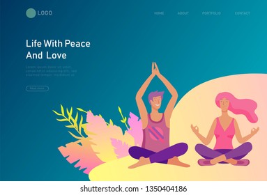 landing page template with Happy Lover Relationship, scenes with romantic couple doing yoga. Characters Valentine day Set. Colorful illustration