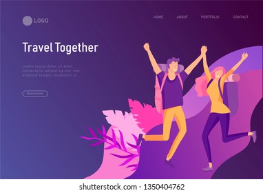 landing page template with Happy Lover Relationship, scenes with romantic couple online dating kissing, hugging and traveling. Characters Valentine day Set. Colorful vector illustration