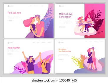 landing page template with Happy Lover Relationship, scenes with romantic couple online dating kissing, hugging, playing guitar, traveling. Characters Valentine day Set. Colorful vector illustration