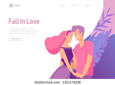 landing page template with Happy Lover Relationship, online dating scenes with romantic couple kissing, hugging, walking. Characters Valentine day Set. Colorful vector illustration