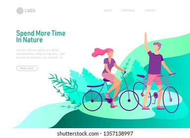 landing page template with Happy Lover Relationship, scenes with romantic couple walking outdoor and ride a bike. Characters Valentine day Set. Colorful illustration