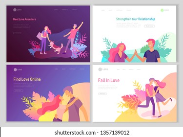 landing page template with Happy Lover Relationship, online dating scenes with romantic couple kissing, hugging, walking. Characters Valentine day Set. Colorful vector illustration