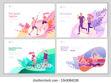 landing page template with Happy Lover Relationship, scenes with romantic couple walking outdoor, playing tennis, doing yoga, running, ride a bike. Characters Valentine day Set. Colorful illustration