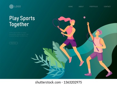 landing page template with Happy Lover Relationship, scenes with romantic couple walking outdoor, playing tennis. Characters Valentine day Set. Colorful illustration