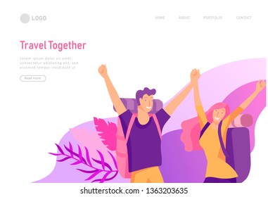 landing page template with Happy Lover Relationship, scenes with romantic couple online dating kissing, hugging and traveling. Characters Valentine day Set. Colorful vector illustration