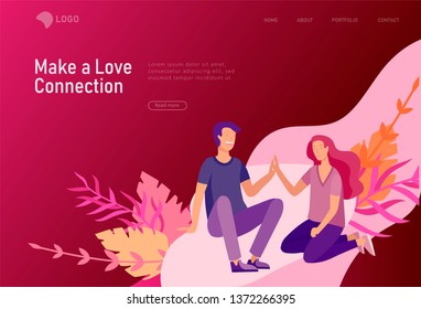 landing page template with Happy Lover Relationship, online dating scenes with romantic couple kissing, hugging, walking. Characters Valentine day Set. Colorful vector illustration