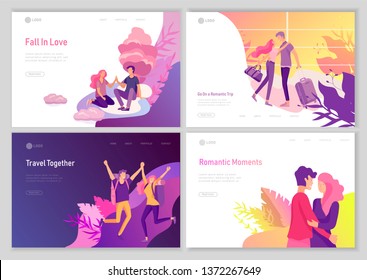 landing page template with Happy Lover Relationship, scenes with romantic couple online dating kissing, hugging, playing guitar, traveling. Characters Valentine day Set. Colorful vector illustration