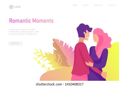 landing page template with Happy Lover Relationship, online dating scenes with romantic couple kissing, hugging, walking. Characters Valentine day Set. Colorful vector illustration