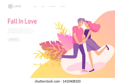 landing page template with Happy Lover Relationship, online dating scenes with romantic couple kissing, hugging, walking. Characters Valentine day Set. Colorful vector illustration