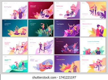 landing page template with Happy Lover Relationship, online dating scenes with romantic couple kissing, hugging, walking. Characters Valentine day Set. Colorful vector illustration