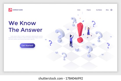 Landing Page Template With Happy Man And Woman Celebrating On Chessboard, Question Marks And Exclamation Point. Concept Of Finding Answer Or Information. Isometric Vector Illustration For Website.