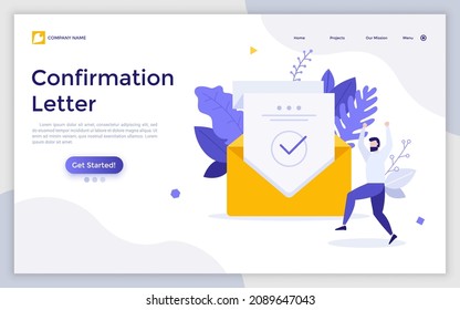 Landing page template with happy man and document with check mark inside envelope. Concept of confirmation, acceptance or approval letter, verification. Modern flat vector illustration for webpage.