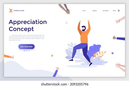 Landing page template with happy man surrounded by people demonstrating thumbs ups and applauding. Concept of public recognition, acceptance and appreciation. Flat vector illustration for website.