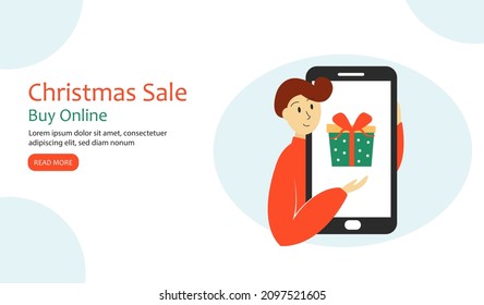Landing page template. Happy man with a smartphone. Christmas background for online sales or shopping. Vector illustration.