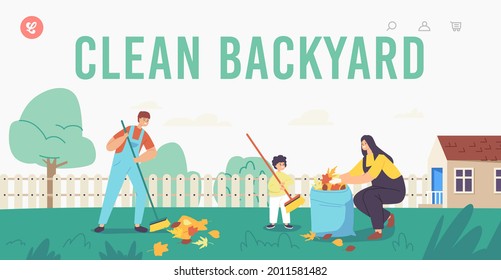 Landing Page Template. Happy Mother and Sons Garden Clean Up Works. Family Characters Cleaning Backyard Having Fun All Together, Collecting Leaves, Yardwork Cleanup. Cartoon People Vector Illustration
