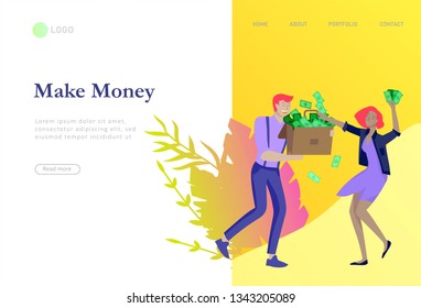 Landing page template Happy people with money, characters in move make money. Business investment, money rain, men and woman run with profit, catch bills. Cartoon style, flat vector illustration
