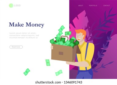 Landing page template Happy people with money, characters in move make money. Business investment, money rain, men and woman run with profit, catch bills. Cartoon style, flat vector illustration