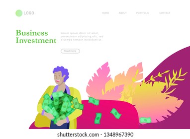 Landing page template Happy people with money, characters in move make money. Business investment, money rain, men and woman run with profit, catch bills. Cartoon style, flat vector illustration