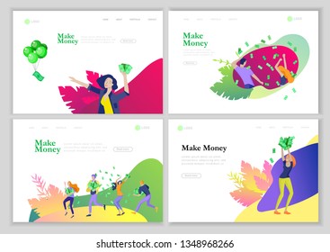 Landing page template Happy people with money, characters in move make money. Business investment, money rain, men and woman run with profit, catch bills. Cartoon style, flat vector illustration