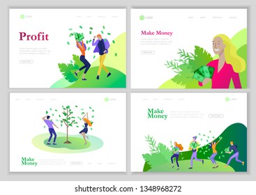 Landing page template Happy people with money, characters in move make money. Business investment, money rain, men and woman run with profit, catch bills. Cartoon style, flat vector illustration