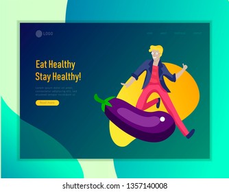 Landing page template with Happy People with vegetable, man jumping and dansing. Vegetarianism, healthy lifestyle. Veggie recipe, vegetarian diet and detox, eco friendly. Colorful illustration