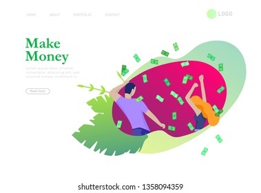 Landing page template Happy people with money, characters in move make money. Business investment, money rain, men and woman run with profit, catch bills. Cartoon style, flat vector illustration